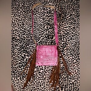 Western leather pink gator print fringe crossbody purse